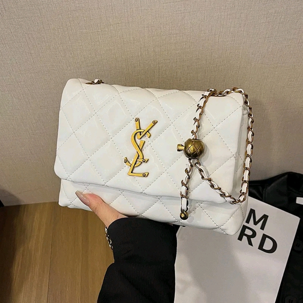 Yves Saint Laurent White Quilted Shoulder Bag with Gold Chain